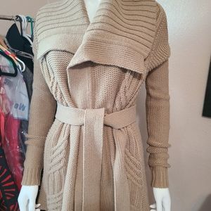 BCBG wool blend warm knit cable cardigan with belt